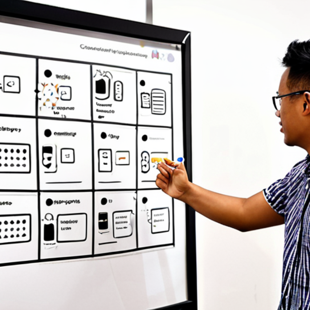 **Image Prompt 1:** A diverse team of Malaysian professionals (designers, developers, marketers) collaboratively working on a customer journey map displayed on a large whiteboard. The map showcases a typical Malaysian customer's experience using a local e-commerce app, highlighting emotional touchpoints and areas for improvement. Focus on visual elements that emphasize teamwork and a deep understanding of local user needs.
