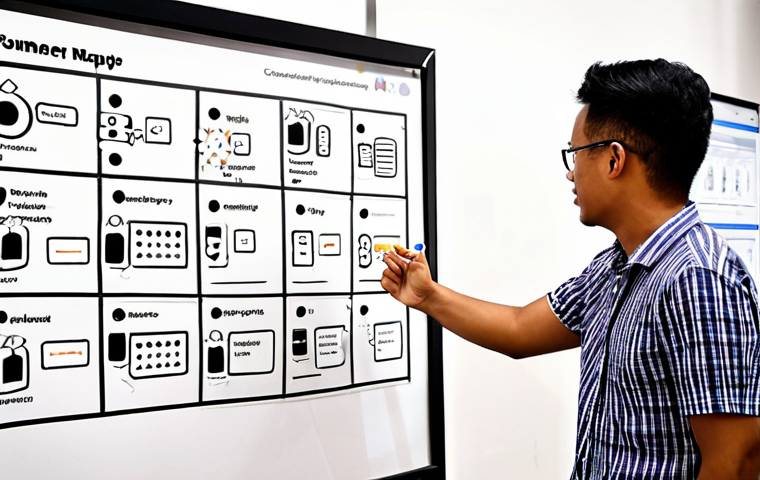 **Image Prompt 1:** A diverse team of Malaysian professionals (designers, developers, marketers) collaboratively working on a customer journey map displayed on a large whiteboard. The map showcases a typical Malaysian customer's experience using a local e-commerce app, highlighting emotional touchpoints and areas for improvement. Focus on visual elements that emphasize teamwork and a deep understanding of local user needs.
